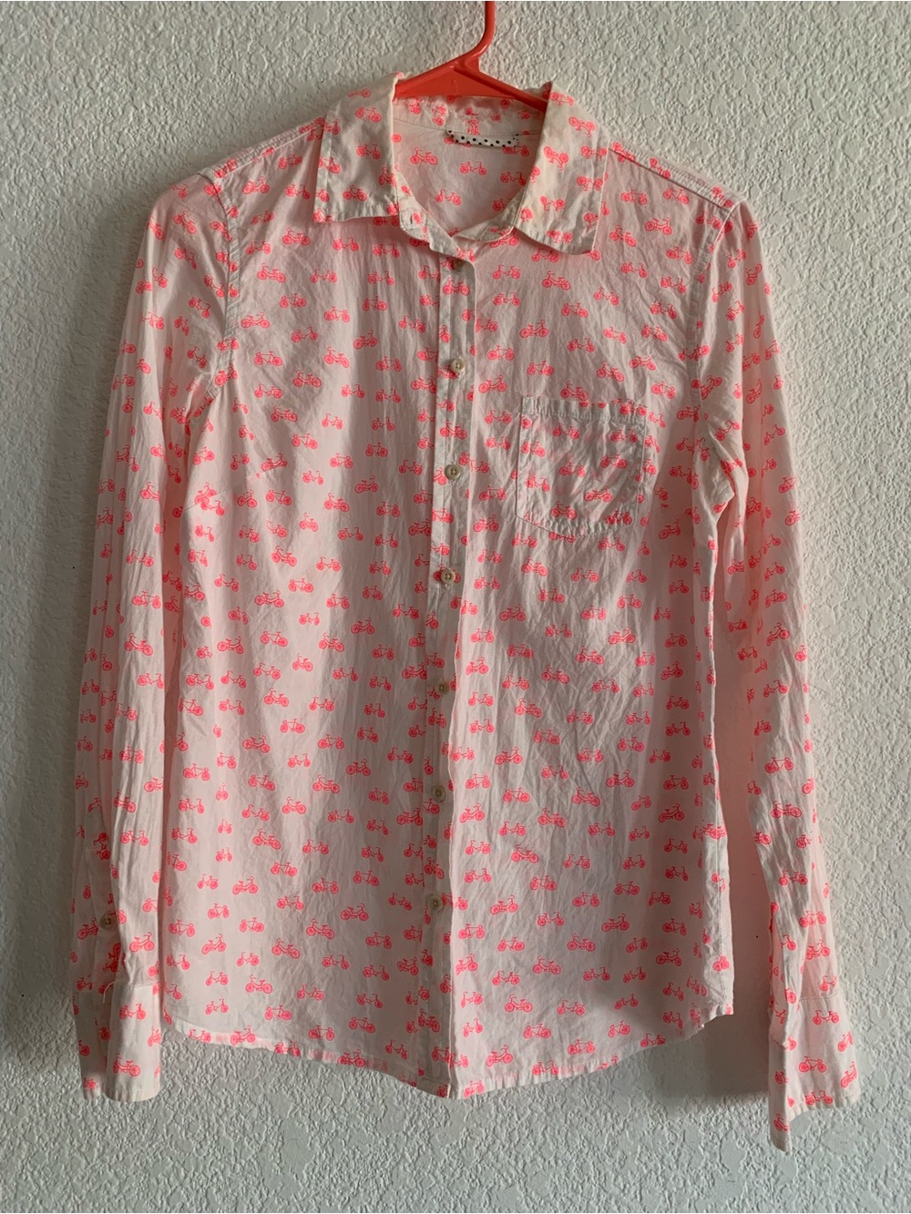 Women’s Button Down White Shirt with Hot Pink Bicycle Print